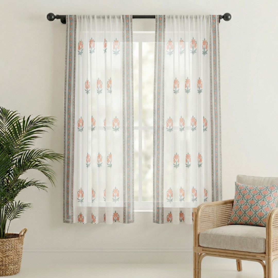 Pure Cotton Sheer Curtains hand printed in green and pink colour | Best curtains for living room