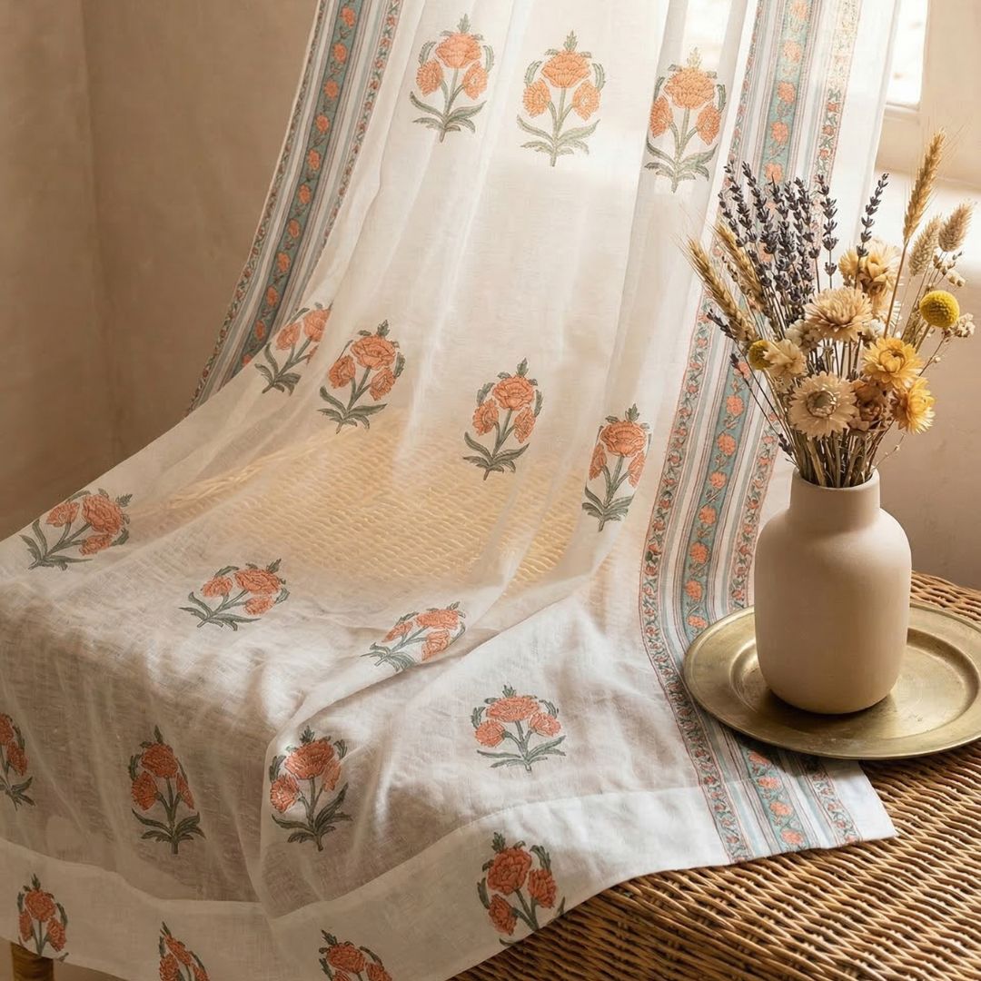 Pure Cotton Sheer Curtains hand printed in green and pink colour | Best curtains for living room
