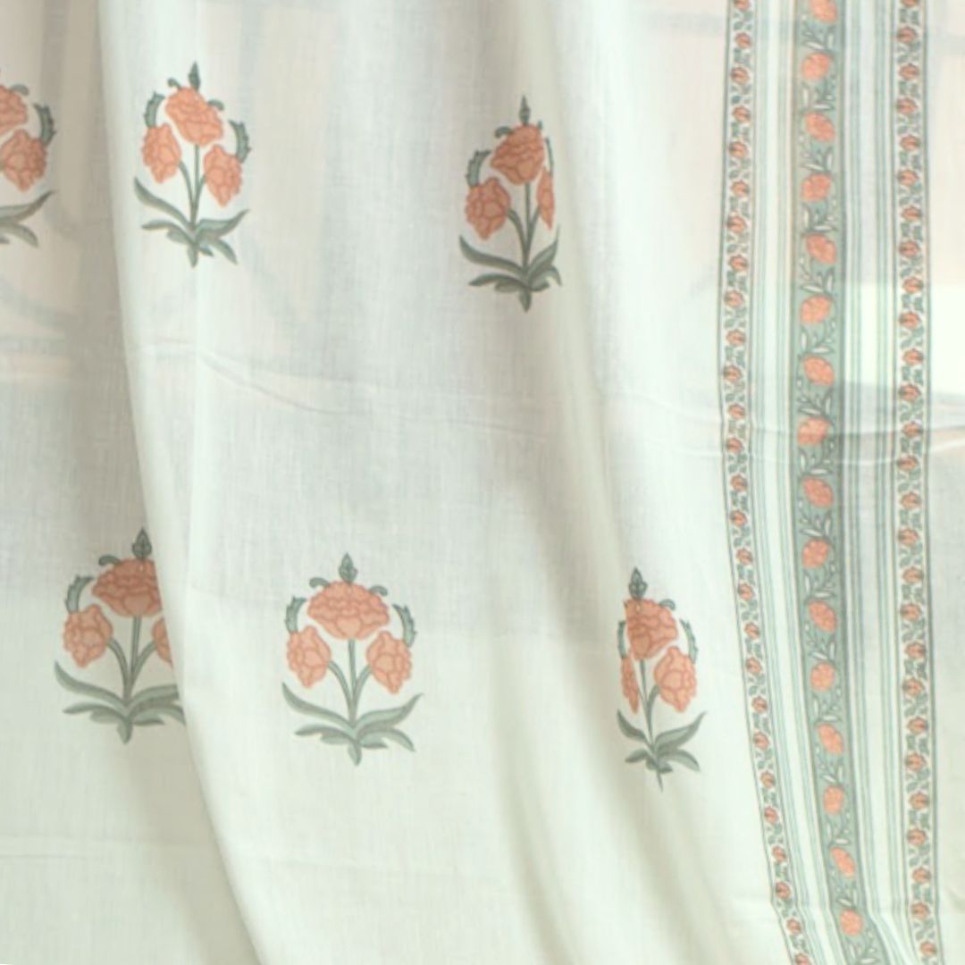 Pure Cotton Sheer Curtains hand printed in green and pink colour | Best curtains for living room