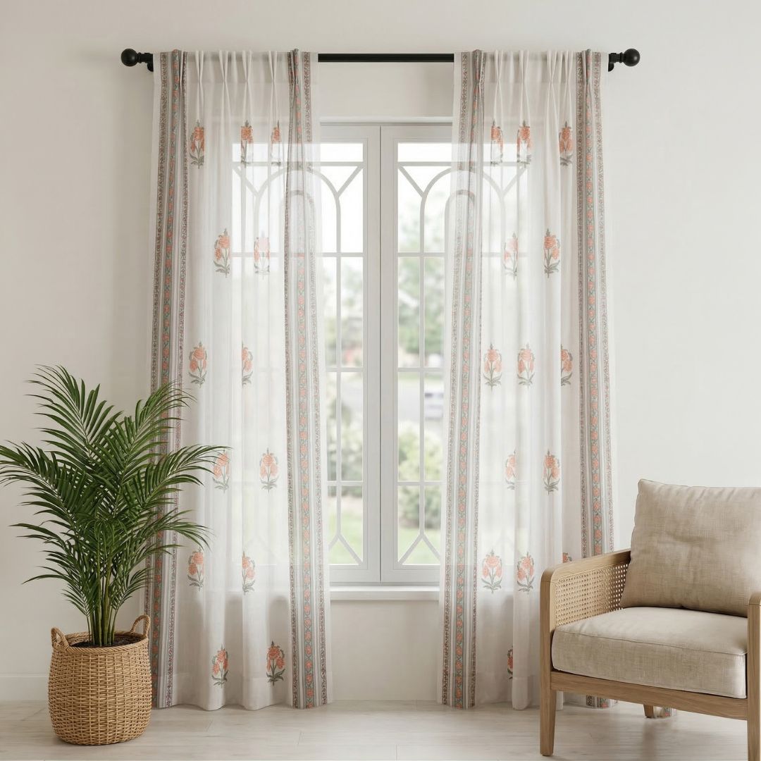 Pure Cotton Sheer Curtains hand printed in green and pink colour | Best curtains for living room