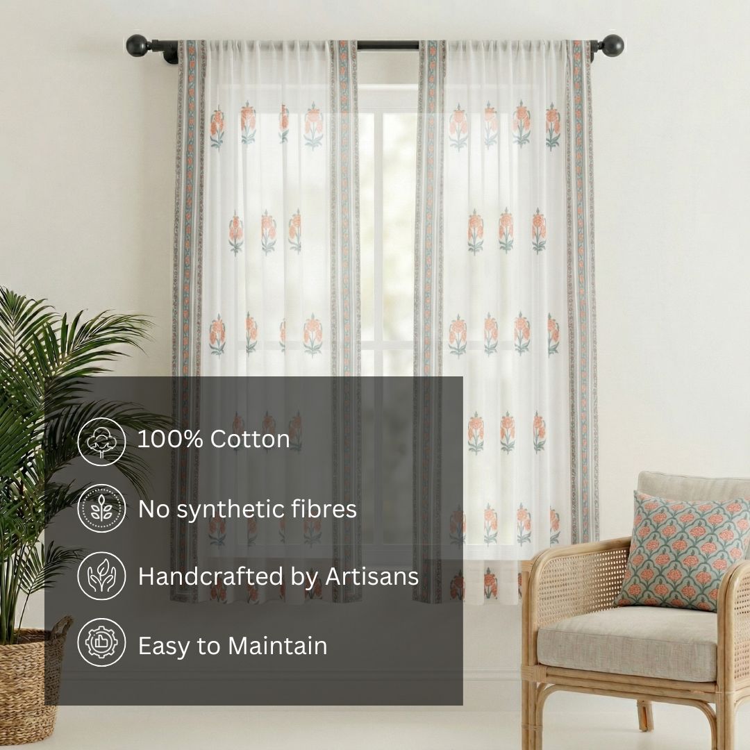 Pure Cotton Sheer Curtains hand printed in green and pink colour | Best curtains for living room