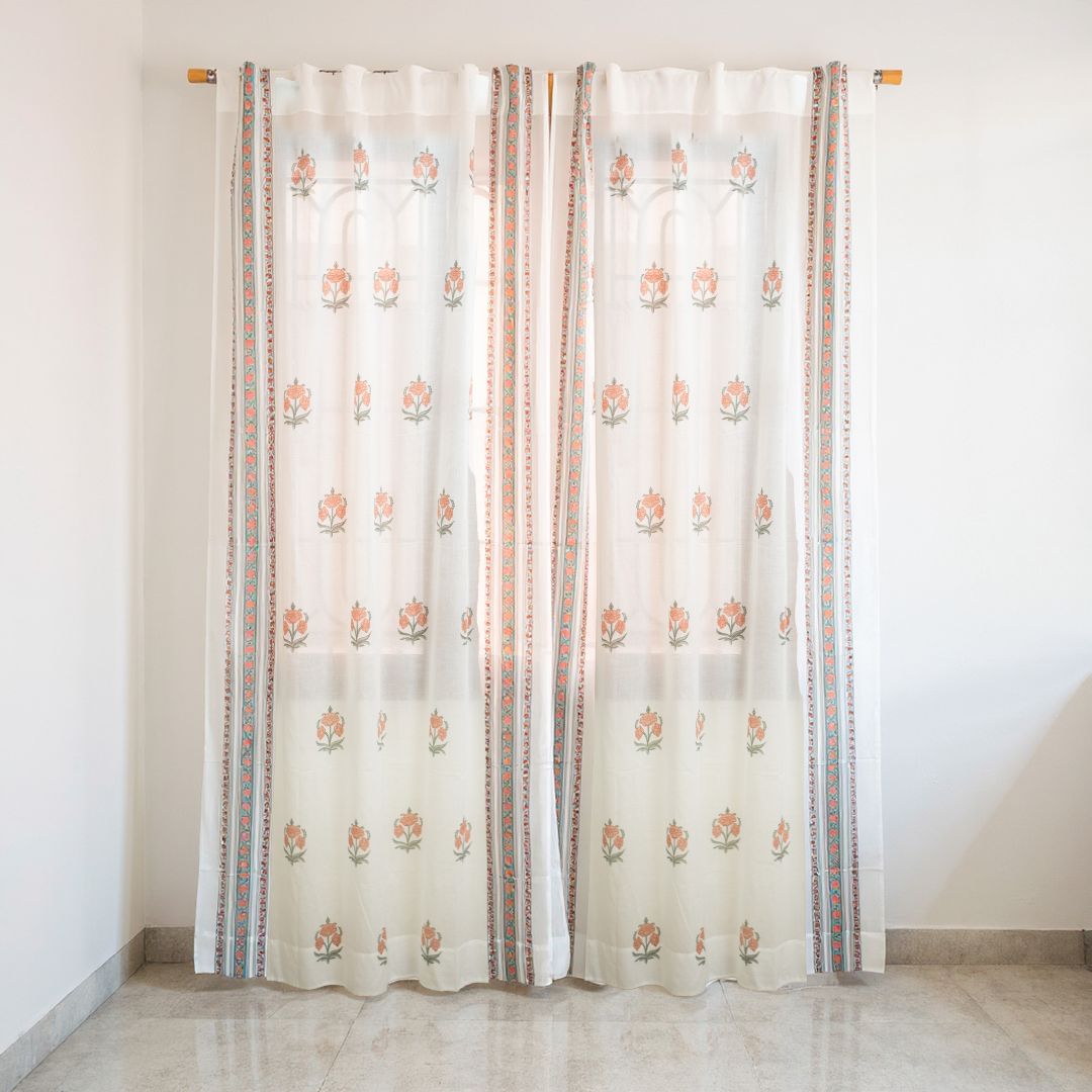 Pure Cotton Sheer Curtains hand printed in green and pink colour | Best curtains for living room