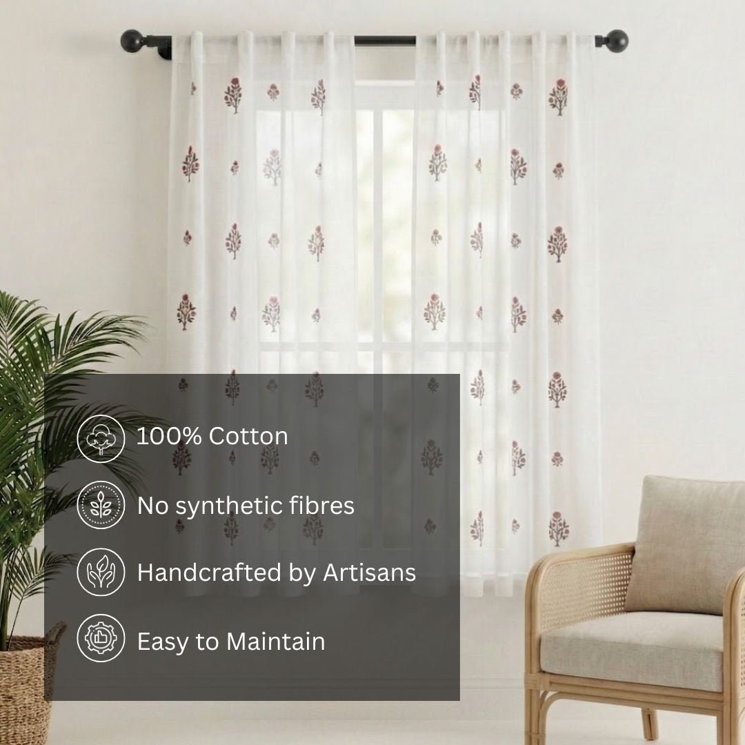 Pure Cotton Sheer Curtains in Green and Rust colour | Best curtains for living room
