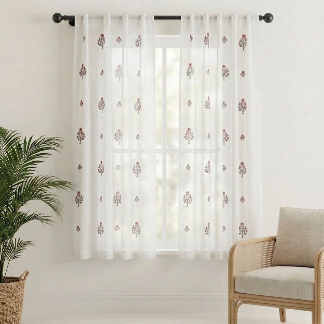 Pure Cotton Sheer Curtains in Green and Rust colour | Best curtains for living room