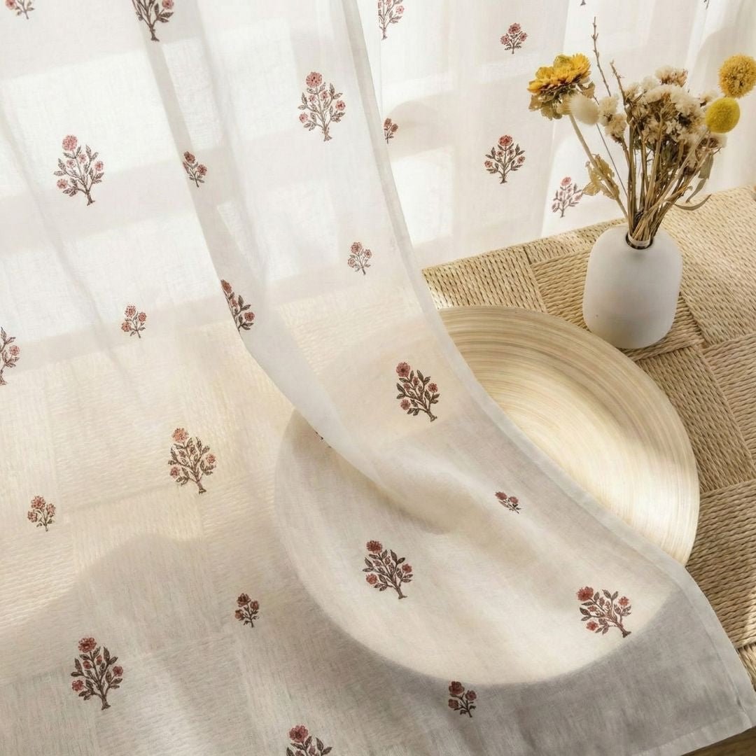 Sheer curtain in Rust and Green Florals Hand printed in Pure Cotton