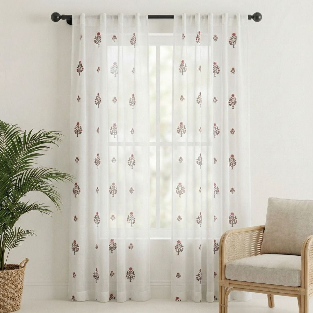 Sheer curtain in Rust and Green Florals Hand printed in Pure Cotton