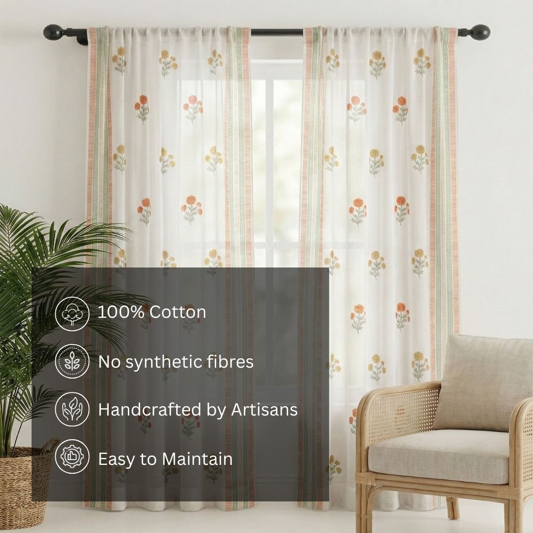 Pure Cotton Sheer Curtains in floral patterns in Rust Mustard and teal colours, available in 5ft and 7ft