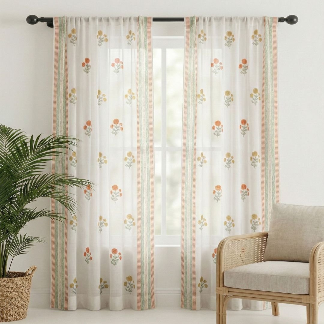 Sheer Curtain in Rust, Mustard and Teal made with fine Mulmul cotton | 5 and 7 Feet | Set of 1 and 2
