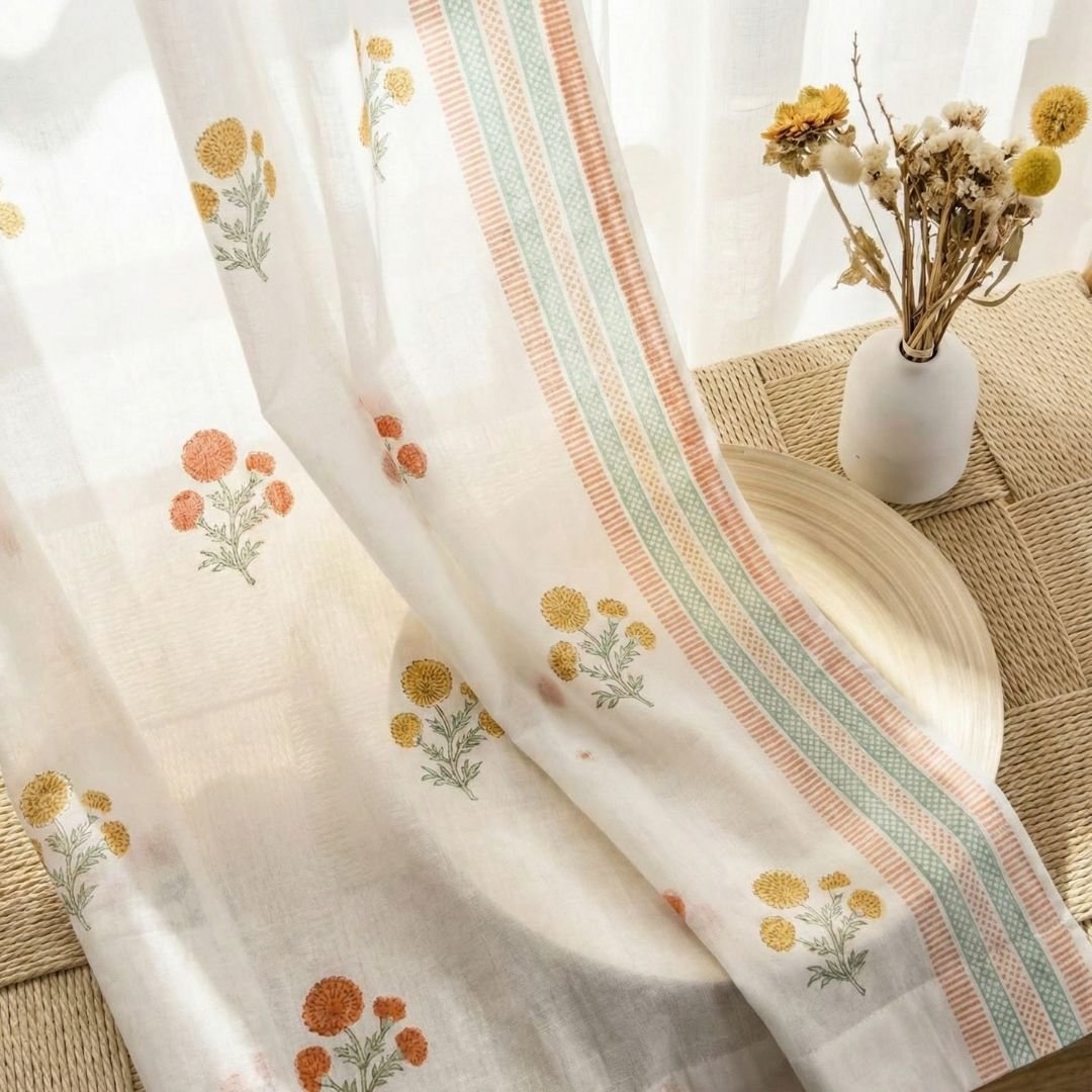 Sheer Curtain in Rust, Mustard and Teal made with fine Mulmul cotton | 5 and 7 Feet | Set of 1 and 2