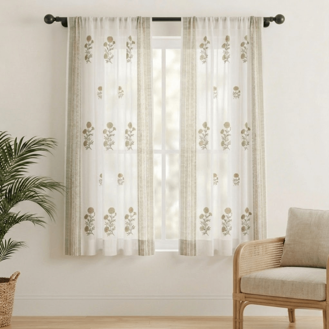 Sheer Curtain in Taupe and Olive Green made with fine Mulmul cotton | 5 and 7 Feet | Set of 1 and 2
