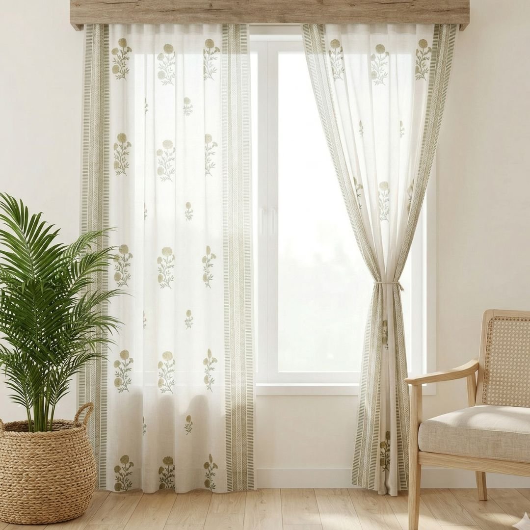 Sheer Curtain in Taupe and Olive Green made with fine Mulmul cotton | 5 and 7 Feet | Set of 1 and 2