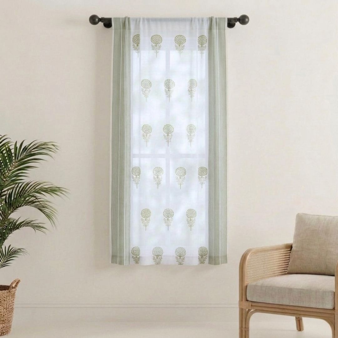 Sheer Curtain in Teal Green and Taupe made with fine Mulmul cotton