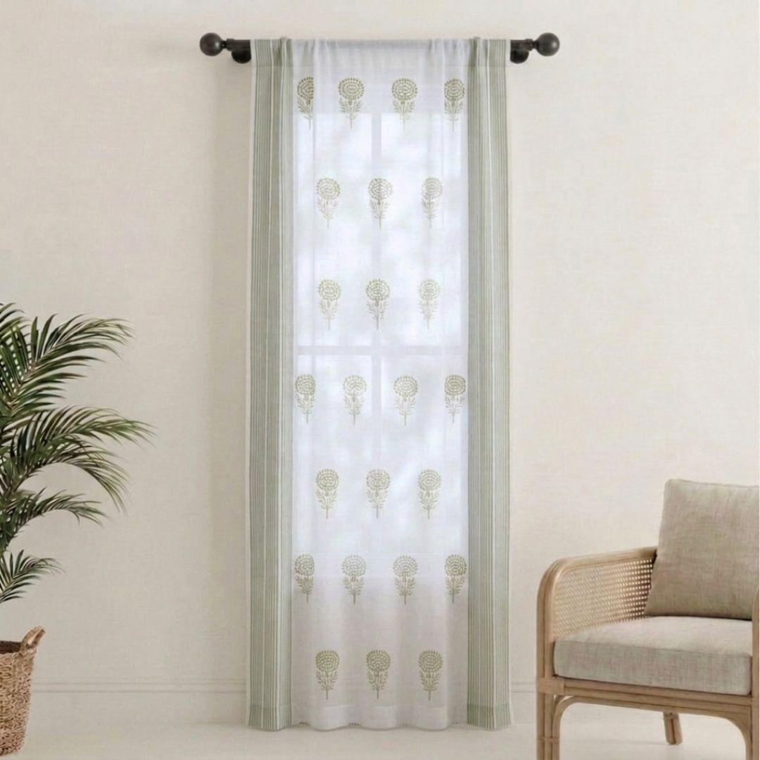 Sheer Curtain in Teal, Green and Taupe made with fine Mulmul cotton | 5 and 7 Feet | Set of 1 and 2