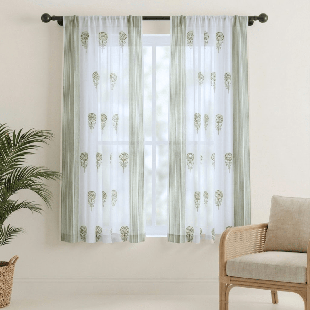 Pure Cotton Sheer Curtains in floral patterns in Teal, Green and Taupe, available in 5ft and 7ft