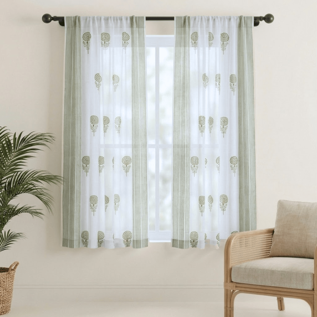Sheer Curtain in Teal Green and Taupe made with fine Mulmul cotton