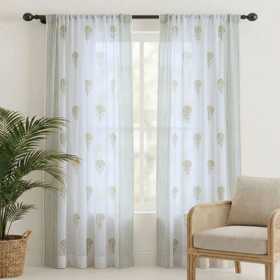 Sheer Curtain in Teal, Green and Taupe made with fine Mulmul cotton | 5 and 7 Feet | Set of 1 and 2