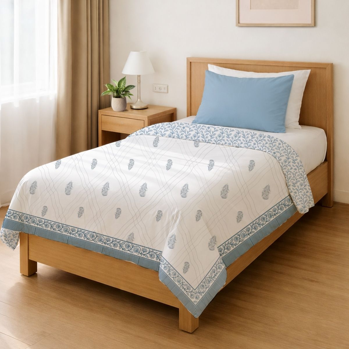 AC Comforter for Single Bed in 100% Cotton Mulmul Handprinted in Light Blue and Off white| Lightweight Soft and Breathable AC Blanket