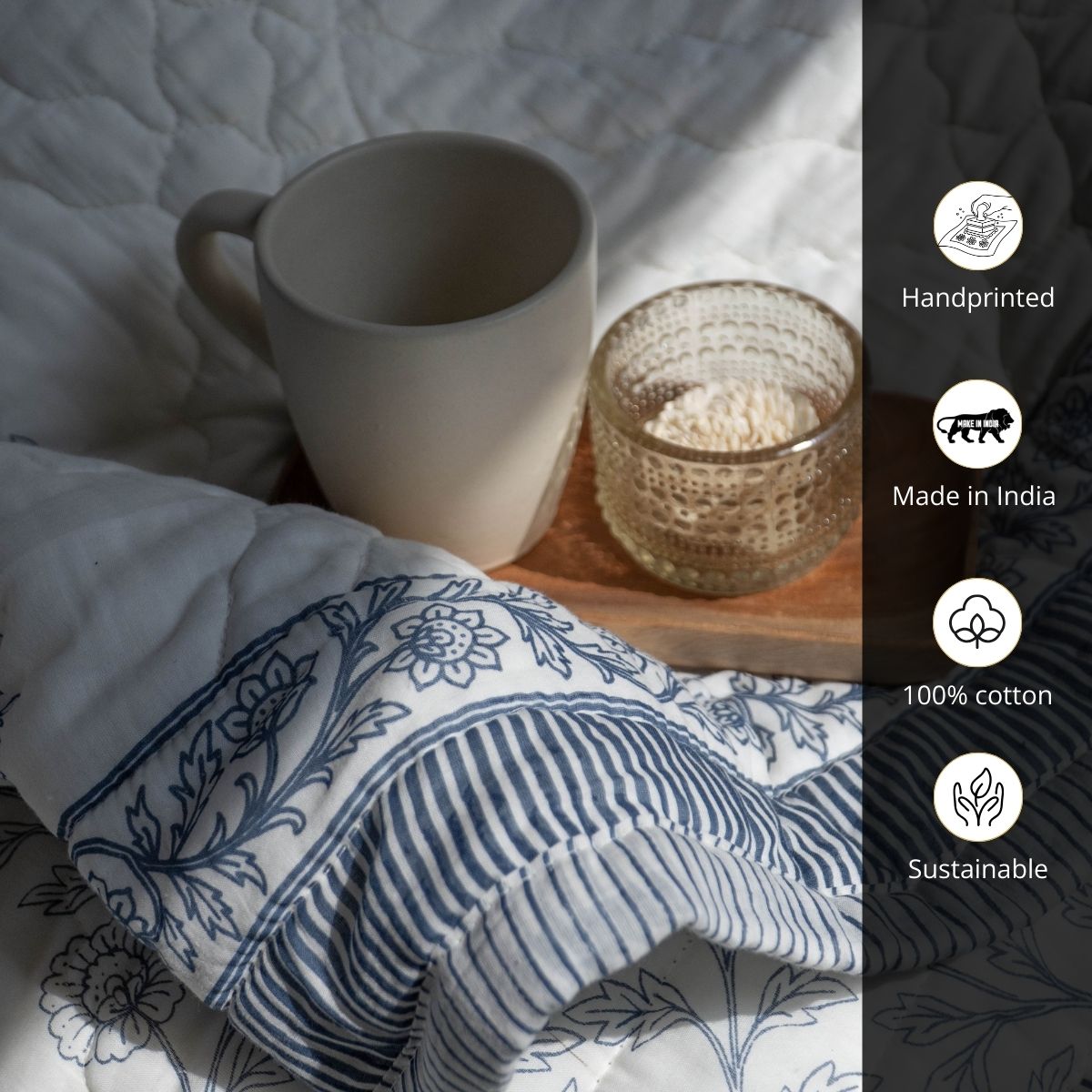 AC Comforter for Single Bed in 100% Cotton Mulmul Handprinted in Light Blue and Off white| Lightweight Soft and Breathable AC Blanket