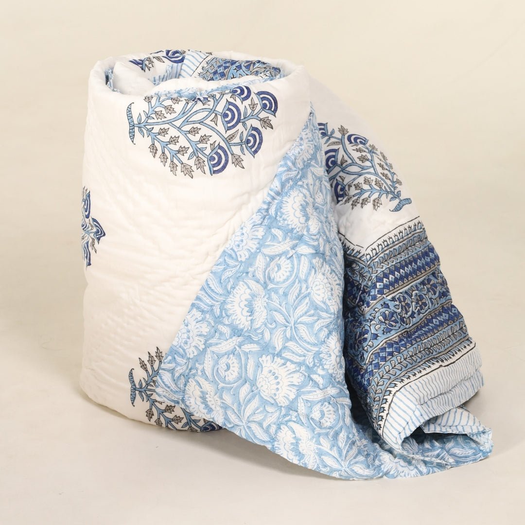 AC Comforter for Single Bed in 100% Cotton Mulmul Handprinted in Blue and White| Lightweight Soft and Breathable AC Blanket