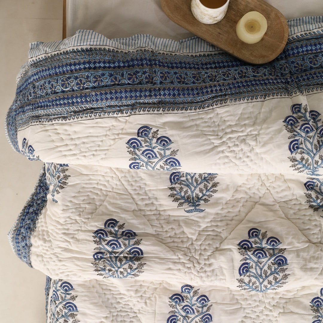 AC Comforter for Single Bed in 100% Cotton Mulmul Handprinted in Blue and White| Lightweight Soft and Breathable AC Blanket