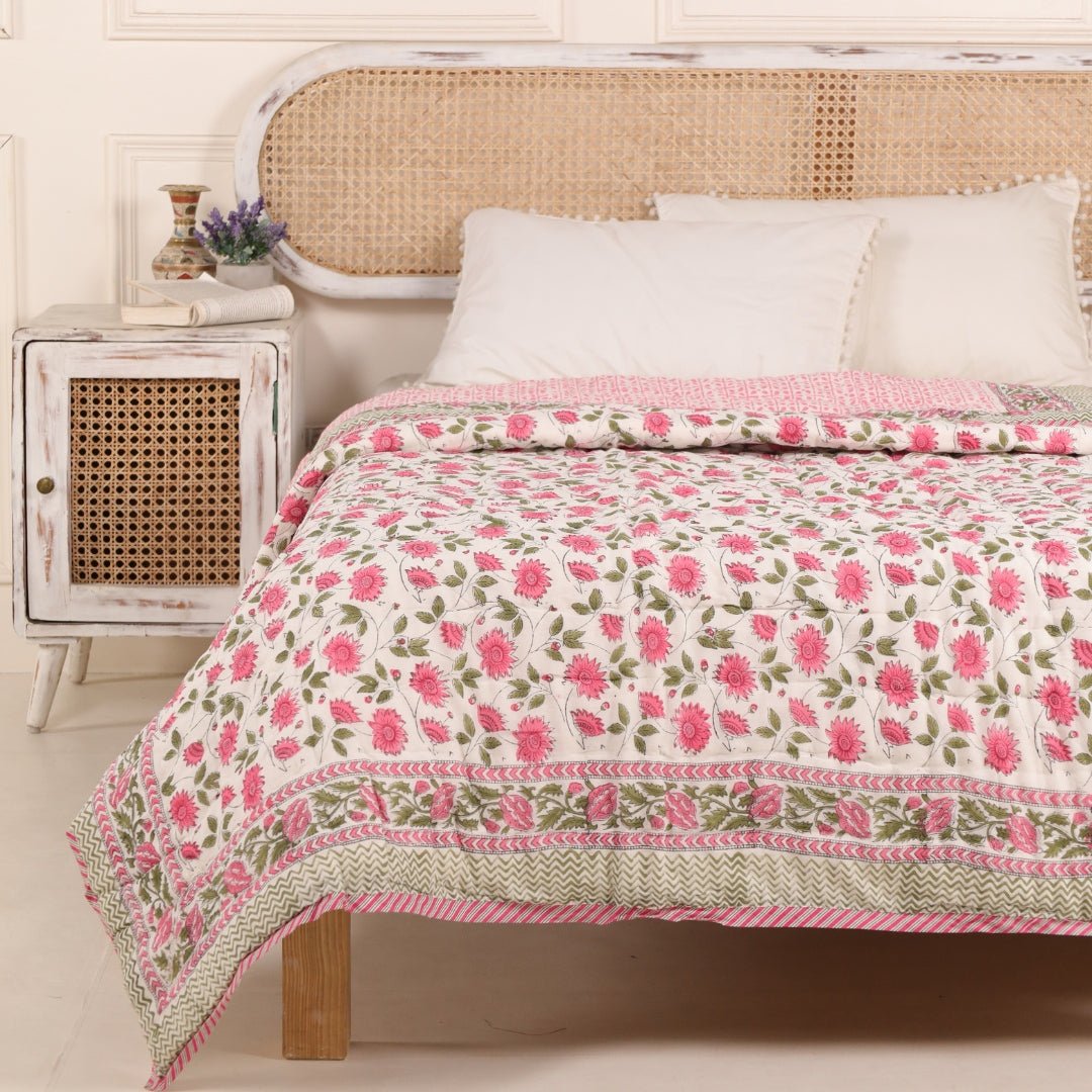 AC Comforter for Single Bed in 100% Cotton Mulmul Handprinted in White and Pink| Lightweight Soft and Breathable AC Blanket