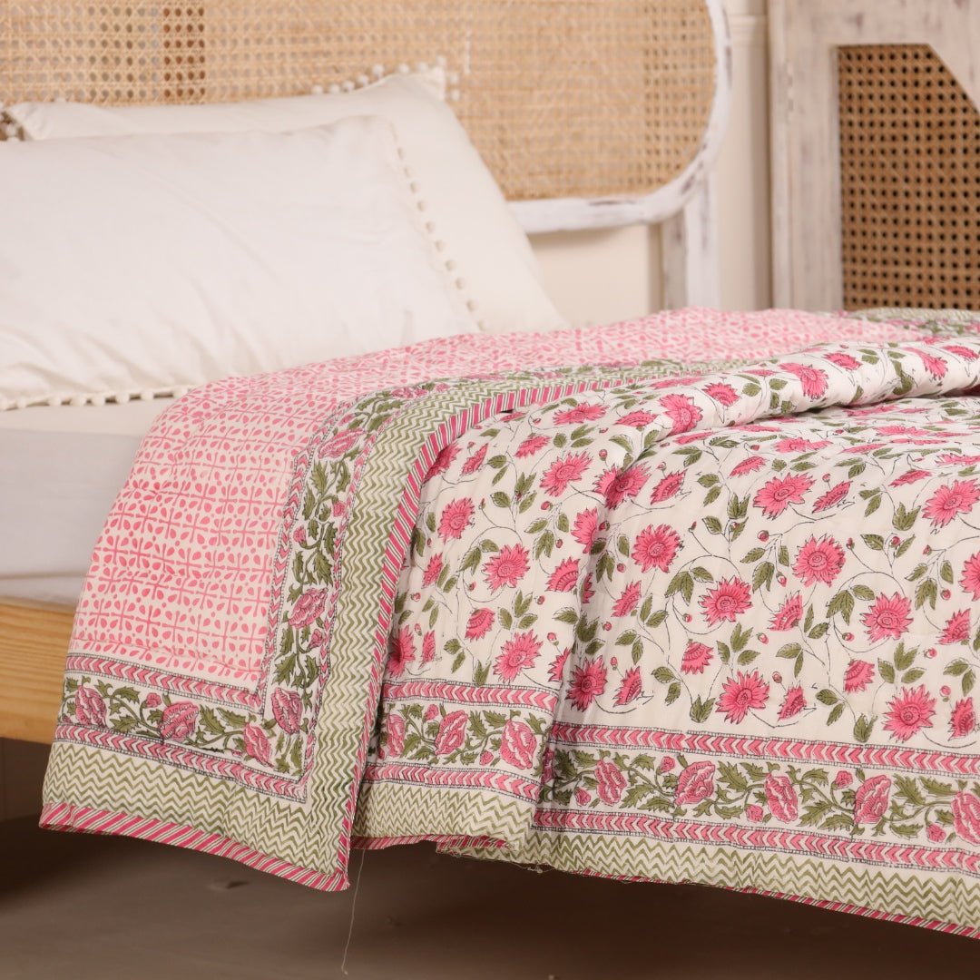 AC Comforter for Single Bed in 100% Cotton Mulmul Handprinted in White and Pink| Lightweight Soft and Breathable AC Blanket