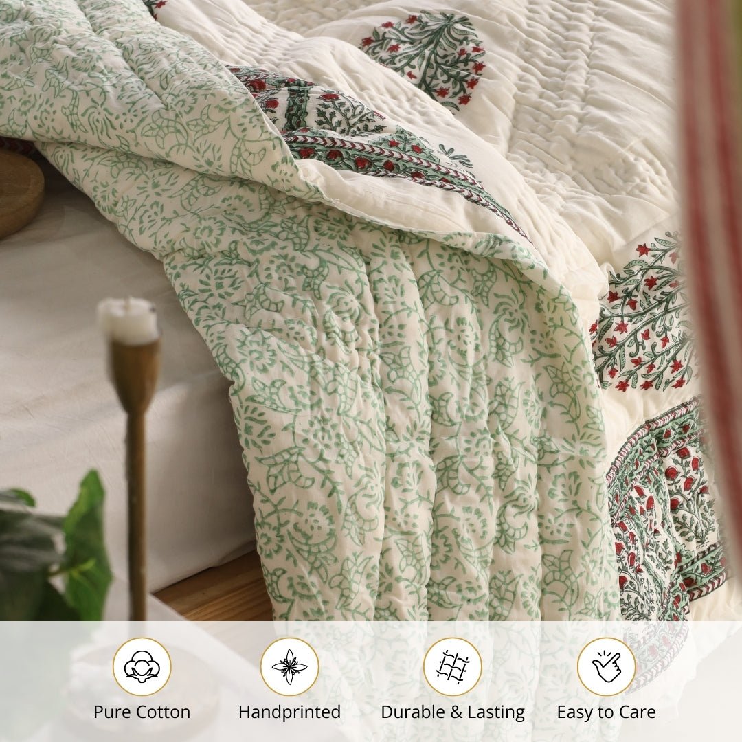 AC Comforter for Single Bed in 100% Cotton Mulmul Handprinted in White  and Green Mughal Prints| Lightweight Soft and Breathable AC Blanket