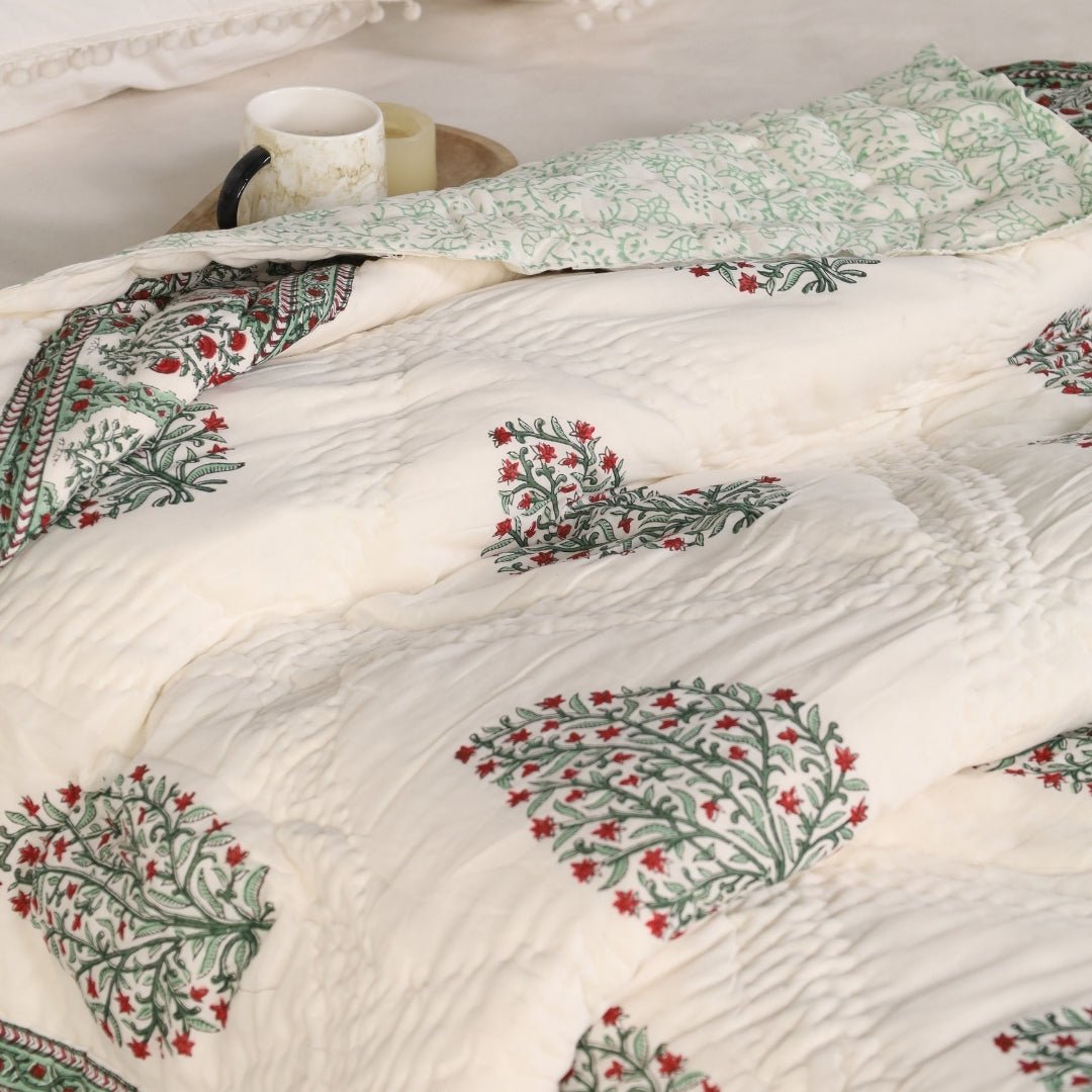 AC Comforter for Single Bed in 100% Cotton Mulmul Handprinted in White  and Green Mughal Prints| Lightweight Soft and Breathable AC Blanket