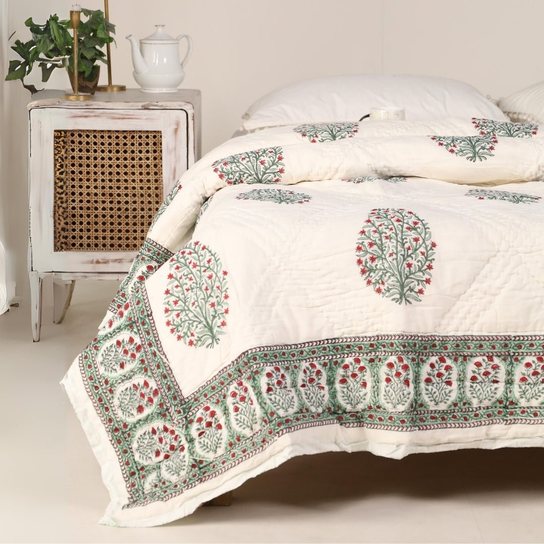 AC Comforter for Single Bed in 100% Cotton Mulmul Handprinted in White  and Green Mughal Prints| Lightweight Soft and Breathable AC Blanket