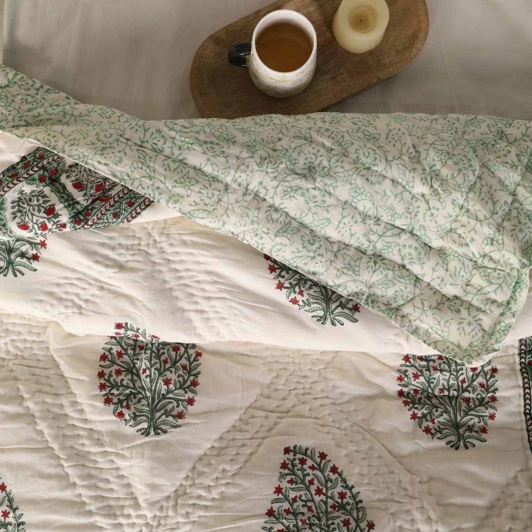 AC Comforter for Single Bed in 100% Cotton Mulmul Handprinted in White  and Green Mughal Prints| Lightweight Soft and Breathable AC Blanket