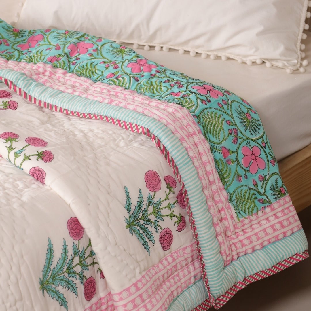 AC Comforter for Single Bed in 100% Cotton Mulmul Handprinted in Turquoise and Pink| Lightweight Soft and Breathable AC Blanket
