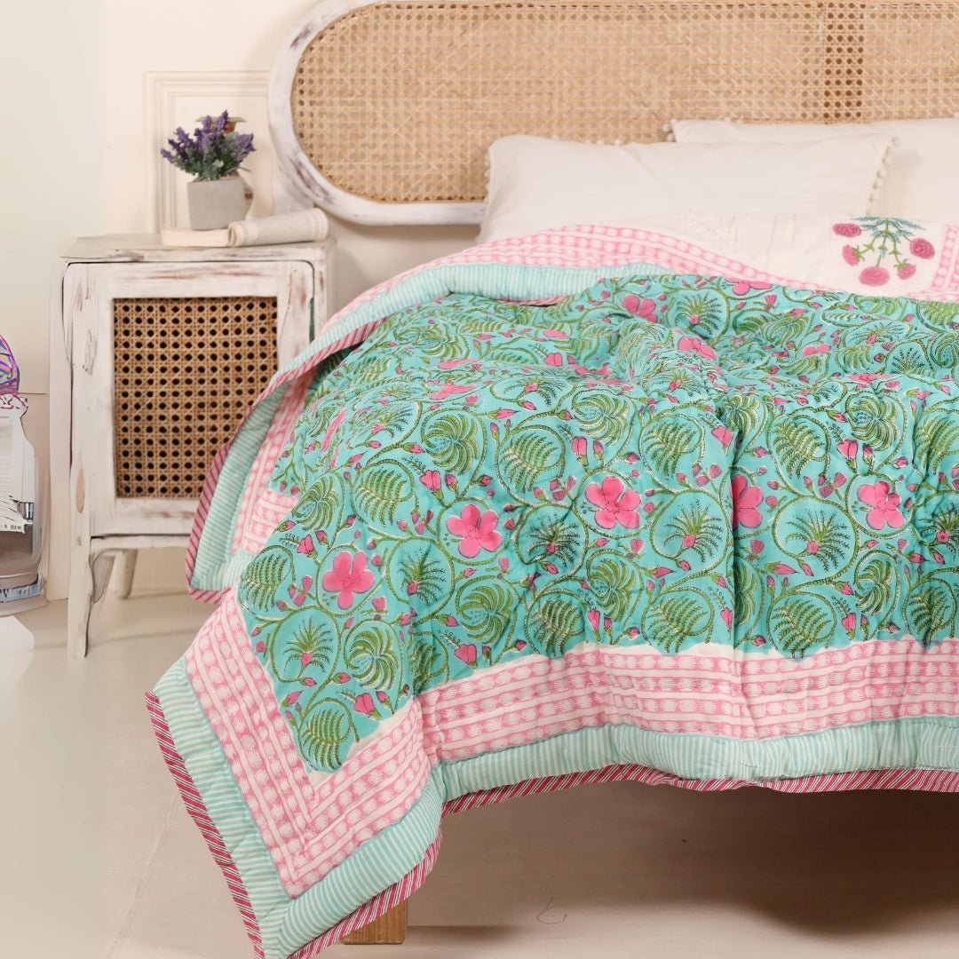 AC Comforter for Single Bed in 100% Cotton Mulmul Handprinted in Turquoise and Pink| Lightweight Soft and Breathable AC Blanket