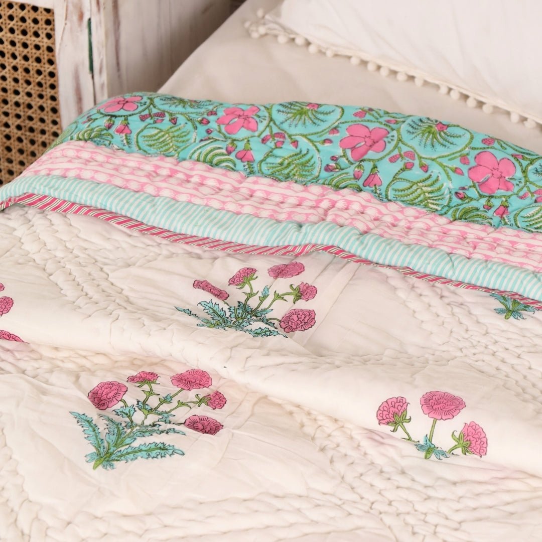AC Comforter for Single Bed in 100% Cotton Mulmul Handprinted in Turquoise and Pink| Lightweight Soft and Breathable AC Blanket
