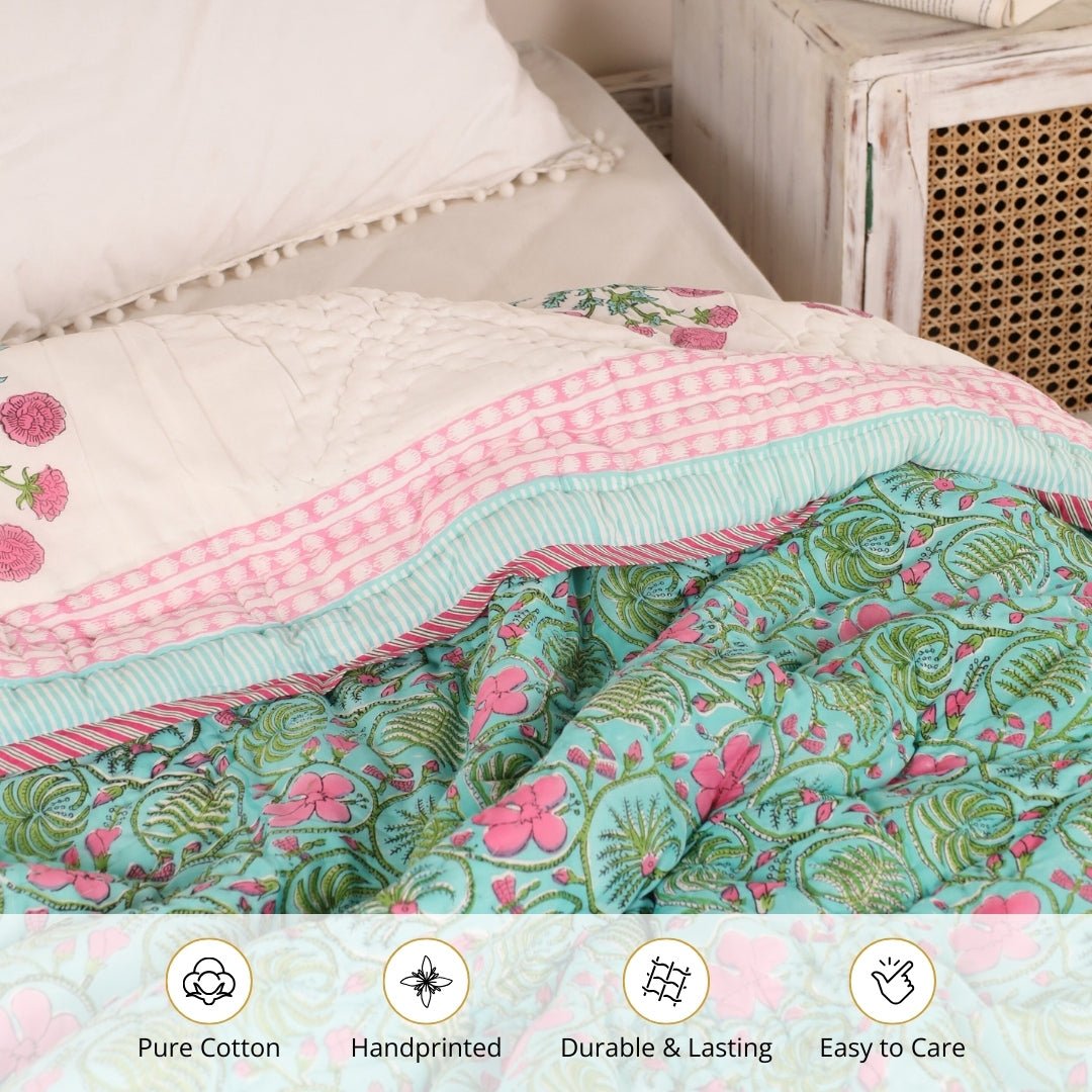 AC Comforter for Single Bed in 100% Cotton Mulmul Handprinted in Turquoise and Pink| Lightweight Soft and Breathable AC Blanket