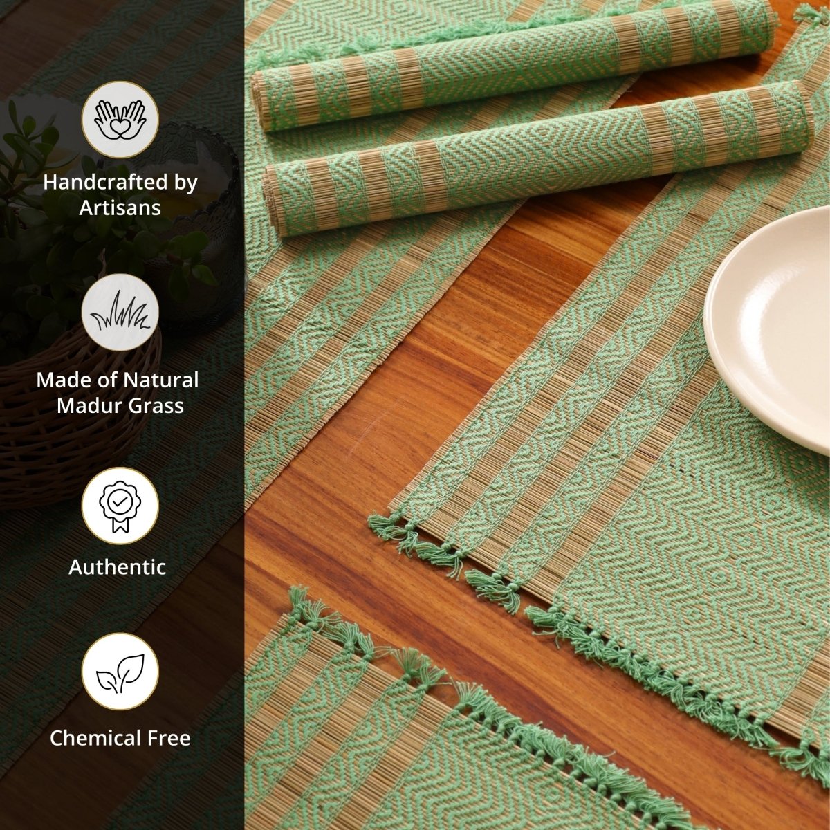 Cotton and Grass Table mats in Aqua Green and Beige | Set of 4 and 6
