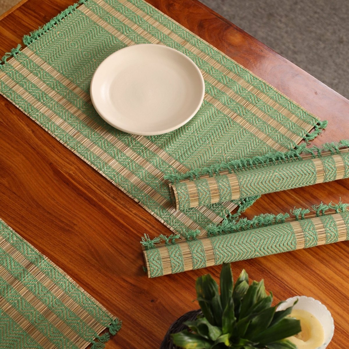 Cotton and Grass Table mats in Aqua Green and Beige | Set of 4 and 6