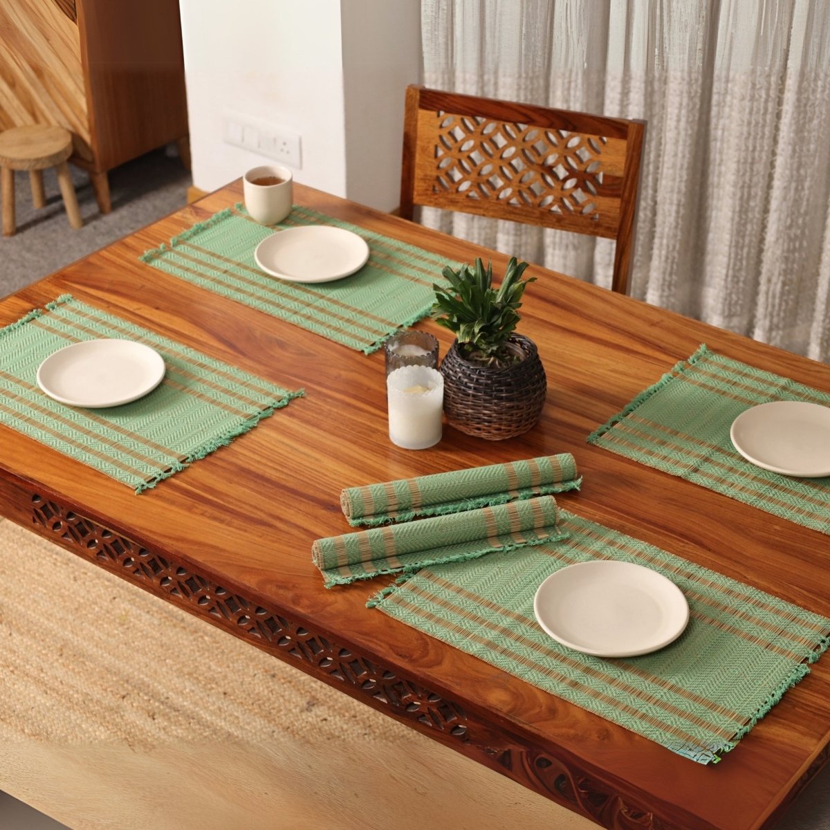 Cotton and Grass Table mats in Aqua Green and Beige | Set of 4 and 6