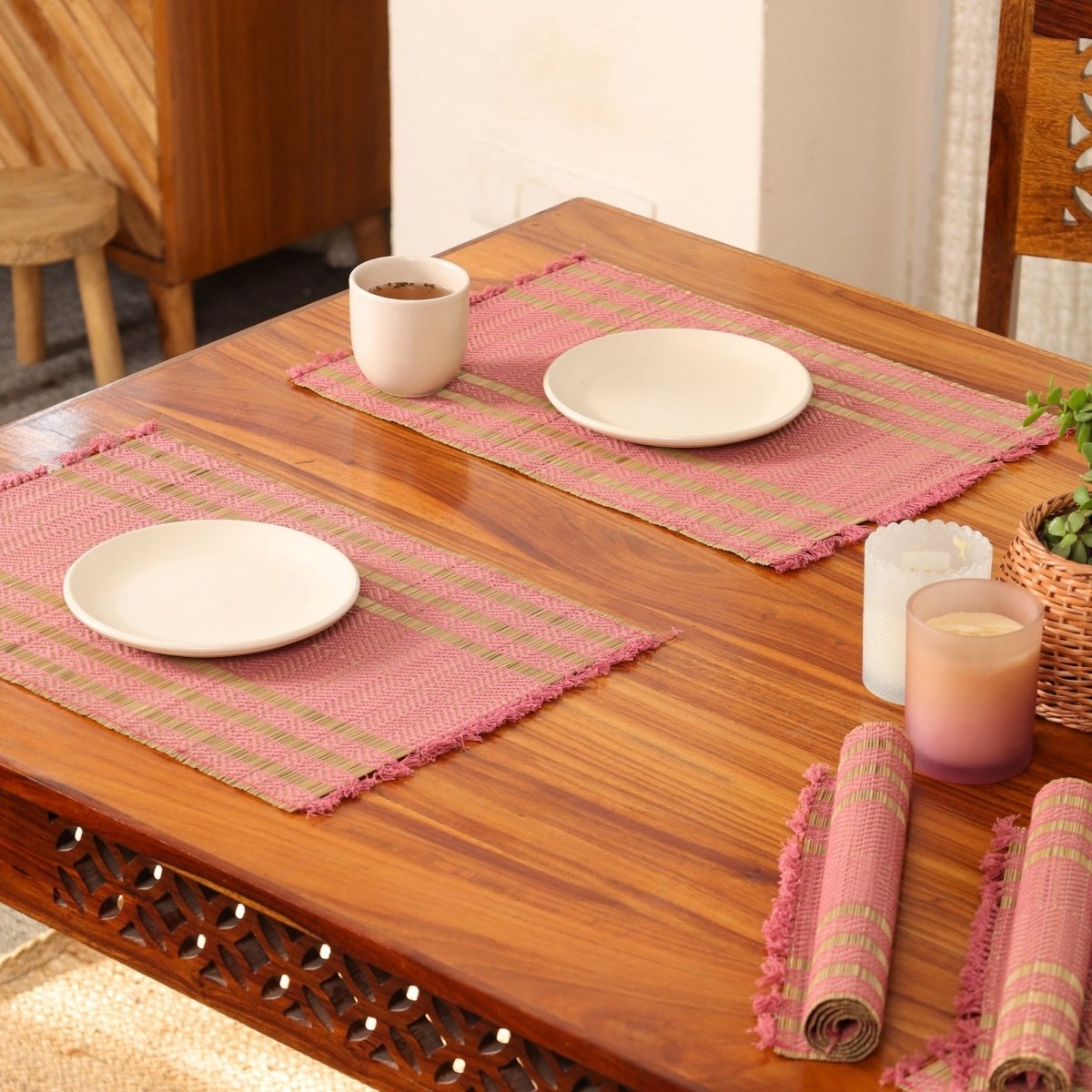 Cotton and Grass Table mats in Blush Pink and Beige | Set of 4 and 6