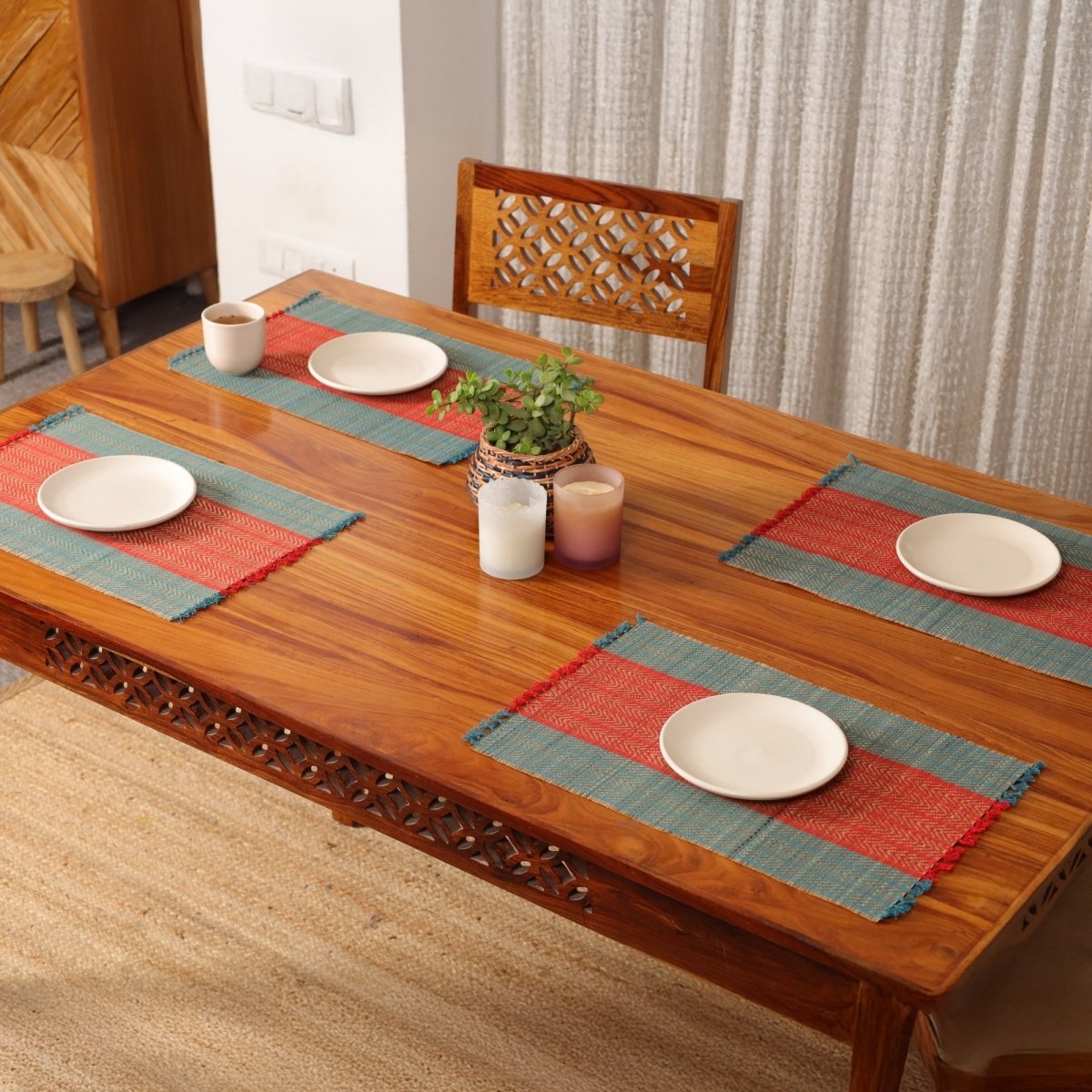 Cotton and Grass Table mats in Crystal Teal and Red | Set of 4 and 6