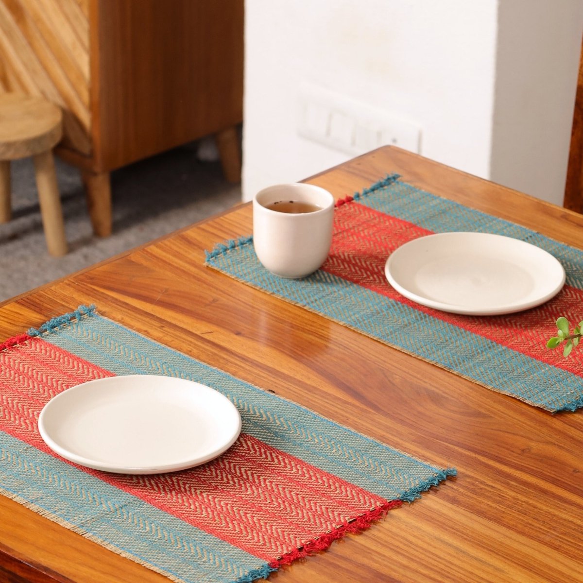 Cotton and Grass Table mats in Crystal Teal and Red | Set of 4 and 6