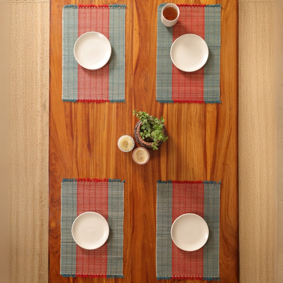 Cotton and Grass Table mats in Crystal Teal and Red | Set of 4 and 6
