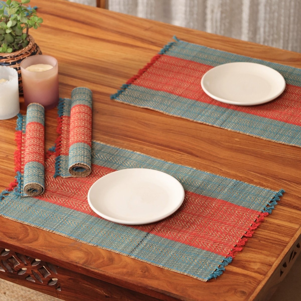 Cotton and Grass Table mats in Crystal Teal and Red | Set of 4 and 6