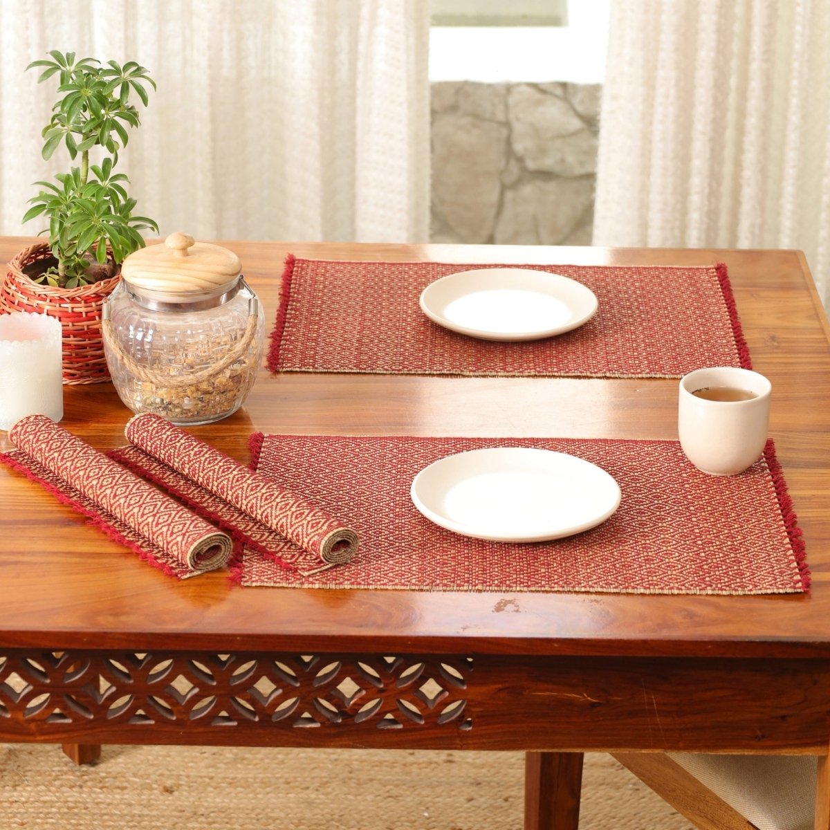 Cotton and Grass Table mats in Maroon | Set of 4 and 6