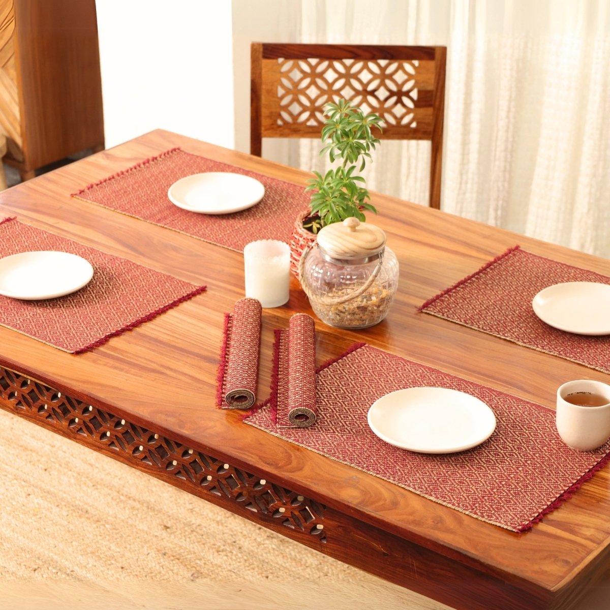Cotton and Grass Table mats in Maroon | Set of 4 and 6