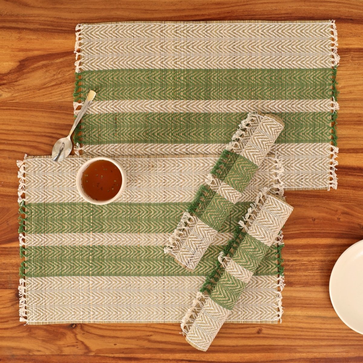 Cotton and Grass Table mats in Olive Green and Off White | Set of 4 and 6