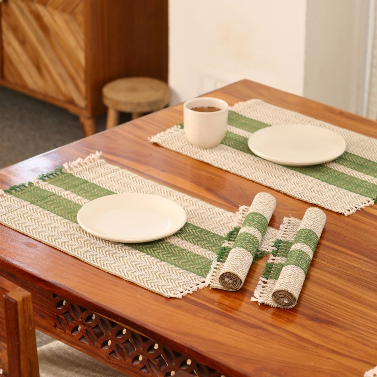 Cotton and Grass Table mats in Olive Green and Off White | Set of 4 and 6