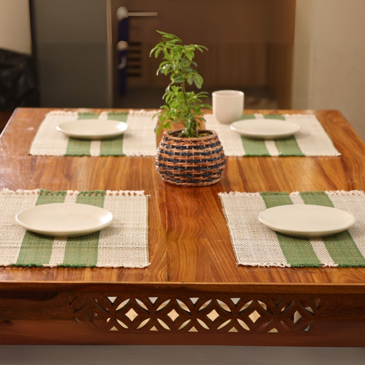 Cotton and Grass Table mats in Olive Green and Off White | Set of 4 and 6