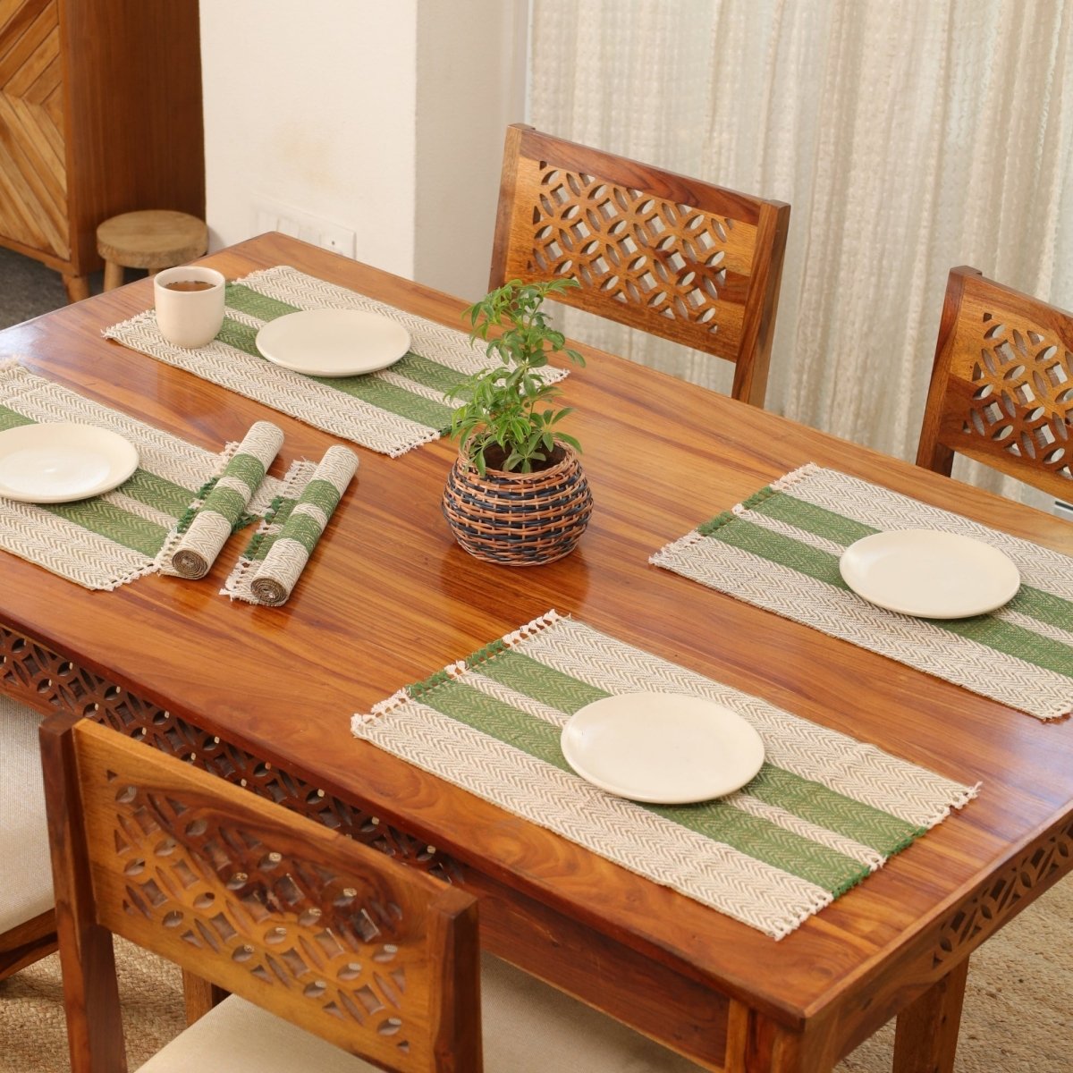 Cotton and Grass Table mats in Olive Green and Off White | Set of 4 and 6