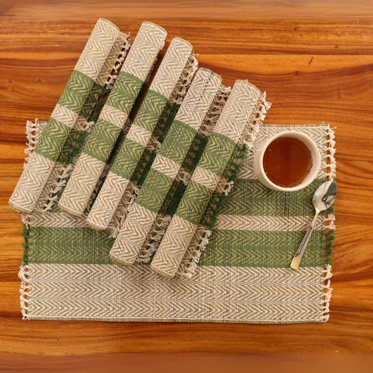 Cotton and Grass Table mats in Olive Green and Off White | Set of 4 and 6