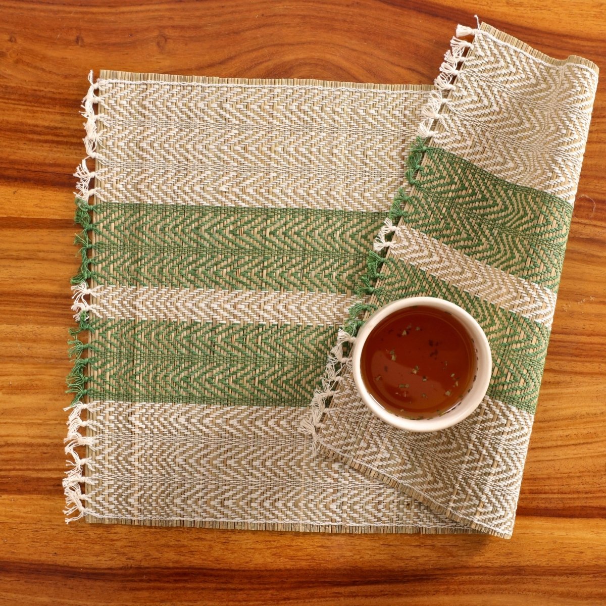 Cotton and Grass Table mats in Olive Green and Off White | Set of 4 and 6